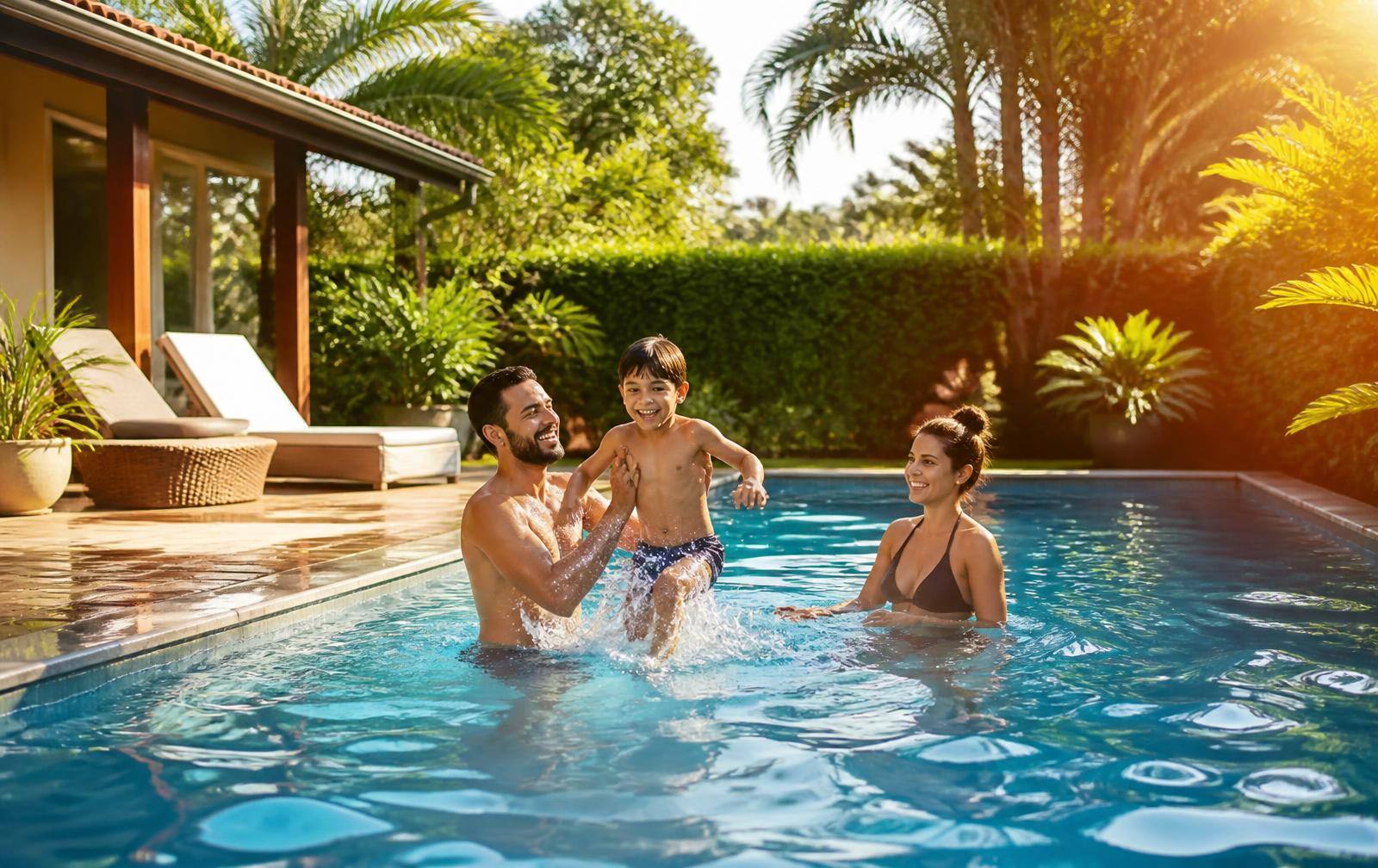 Família aproveitando a piscina em casa