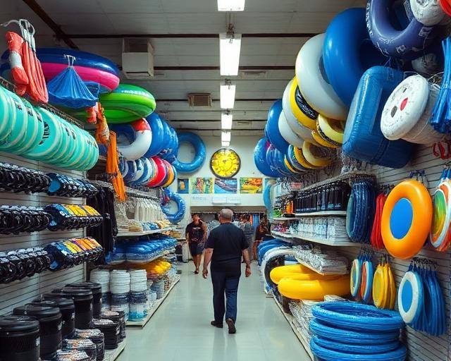 Interior de loja com boias, flutuadores e acessórios de piscina pendurados