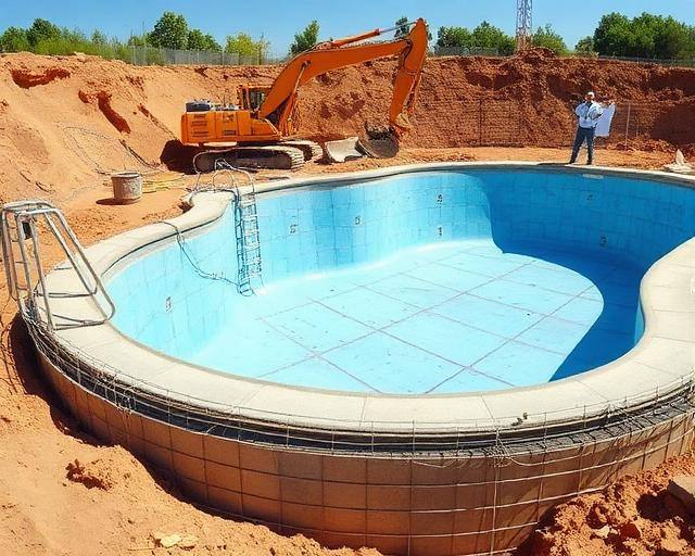 Piscina em construção com estrutura de concreto e escavadeira em terreno de terra vermelha
